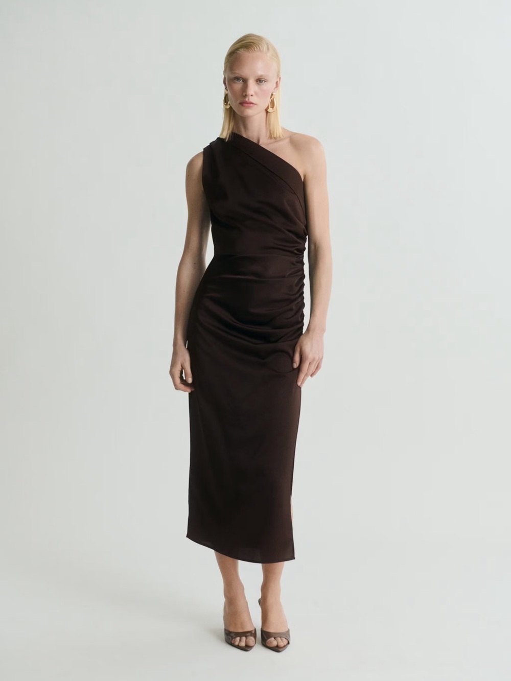 Mango Brown asymmetrical satin dress NWT